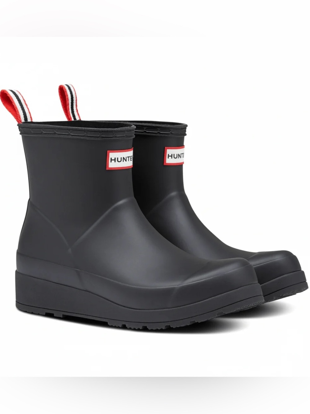 Hunter Matte Black Short Rain Boots with Red-Trim Pull Tabs